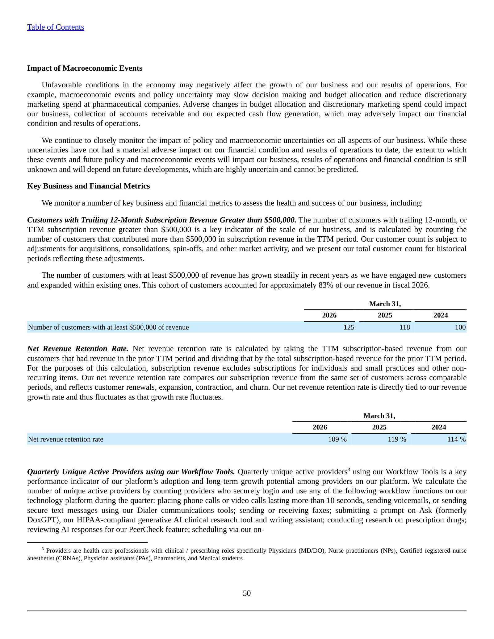 Key operating metrics: customers >\$500k, net revenue retention (119%→109%), and quarterly active providers.
