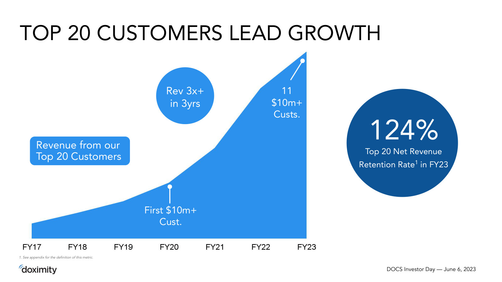 Customer concentration and stickiness — the top-20 customers lead growth at a 124% net revenue retention rate.